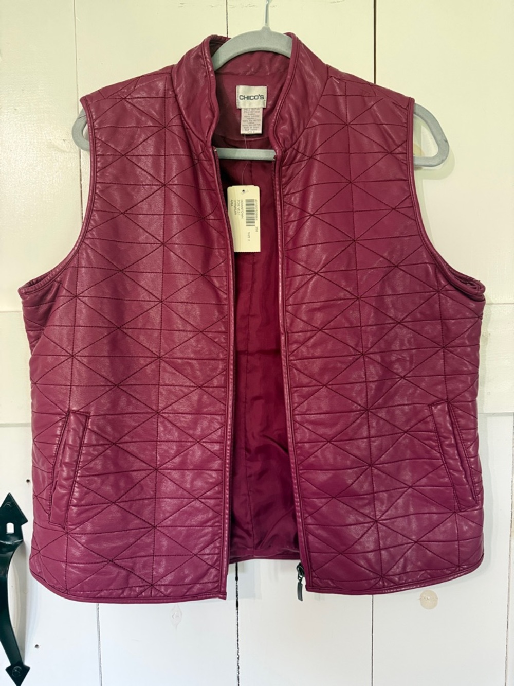 Chico's Quilted Faux-Leather Vest in Deep Berry Sz 2